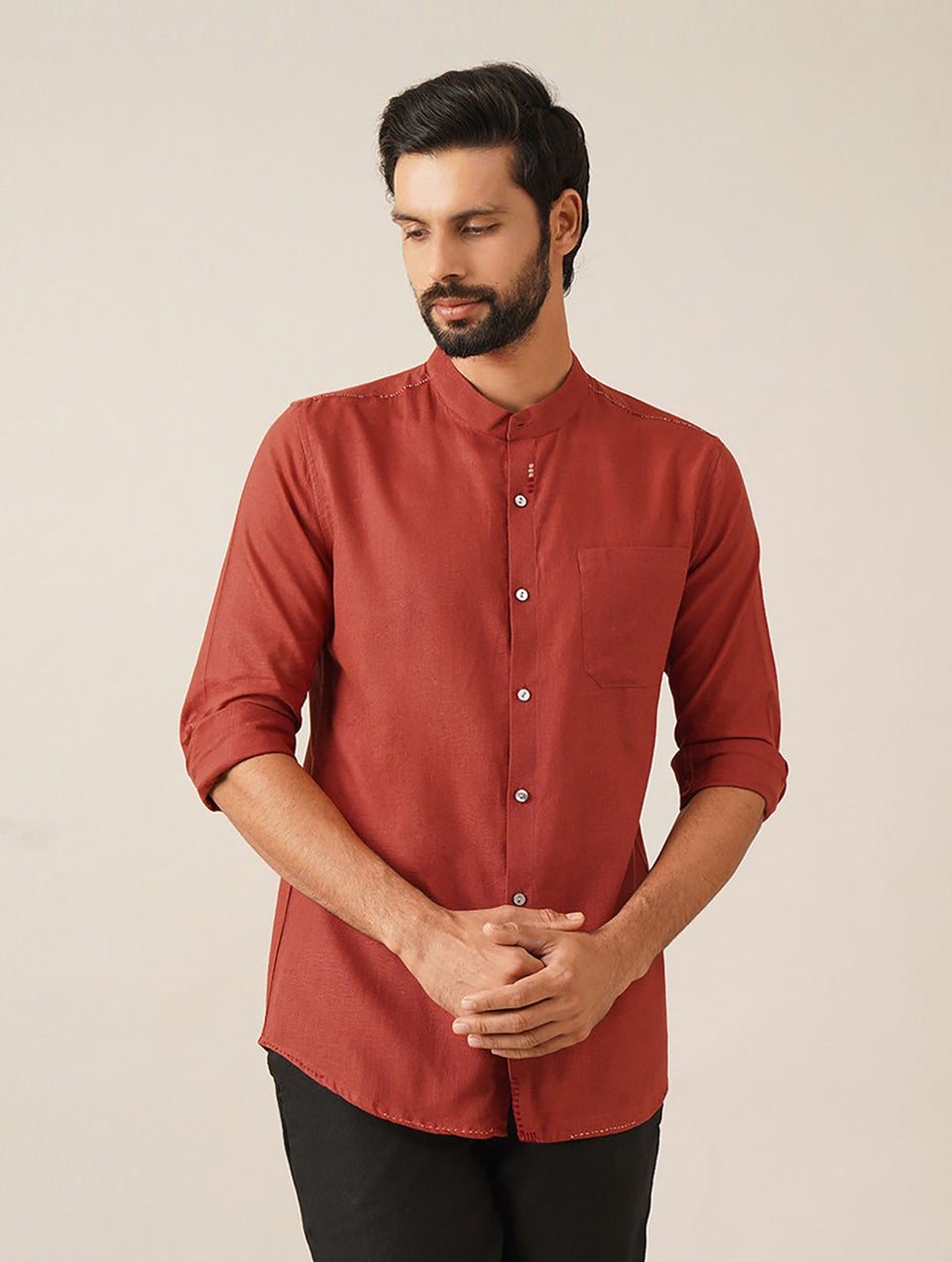 Men Maroon Red Cotton Solid Mandarin Collar Regular Fit Shirt - 38