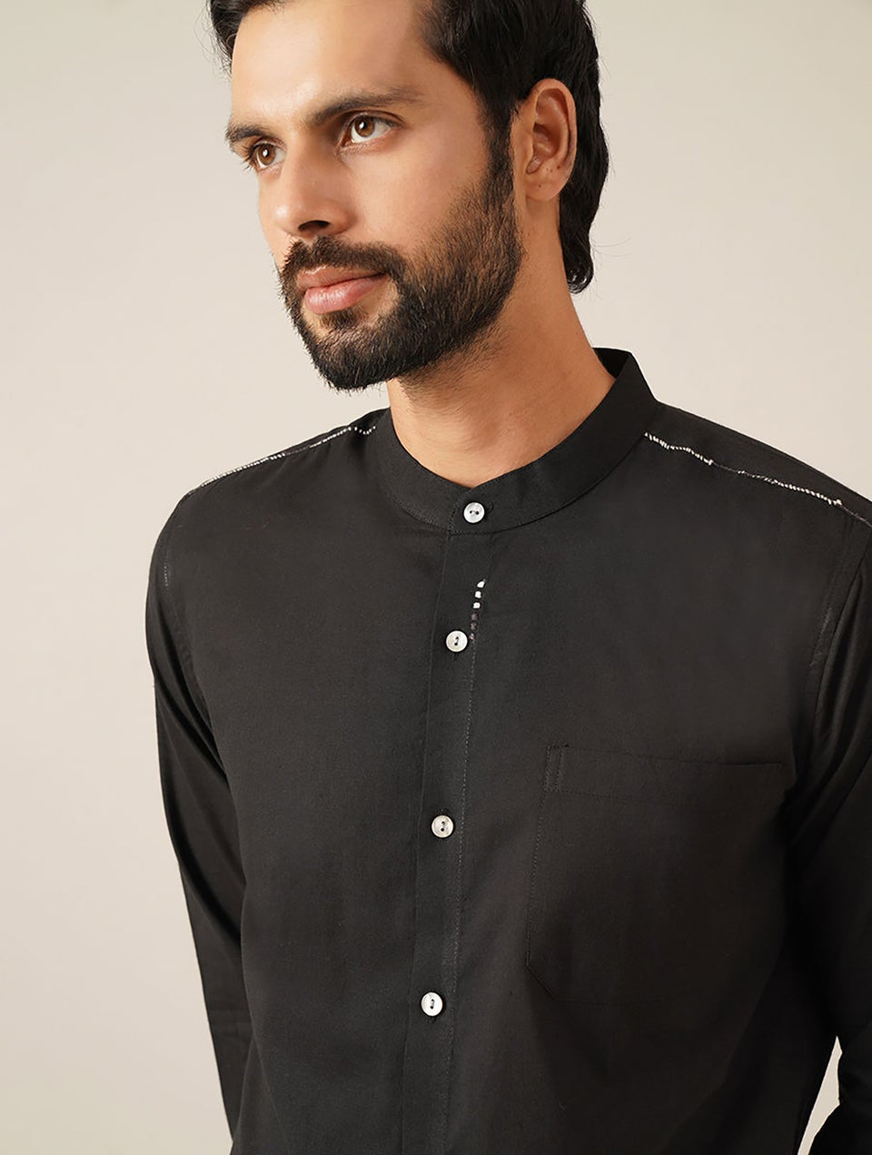Men Black Cotton Solid Mandarin Collar Regular Fit Shirt - 38