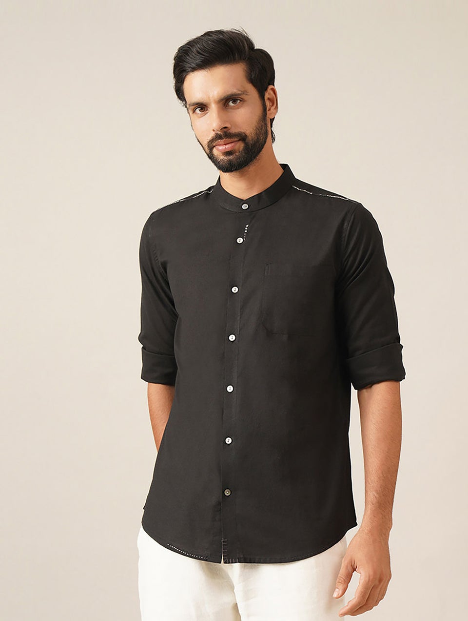 Men Black Cotton Solid Mandarin Collar Regular Fit Shirt - 38