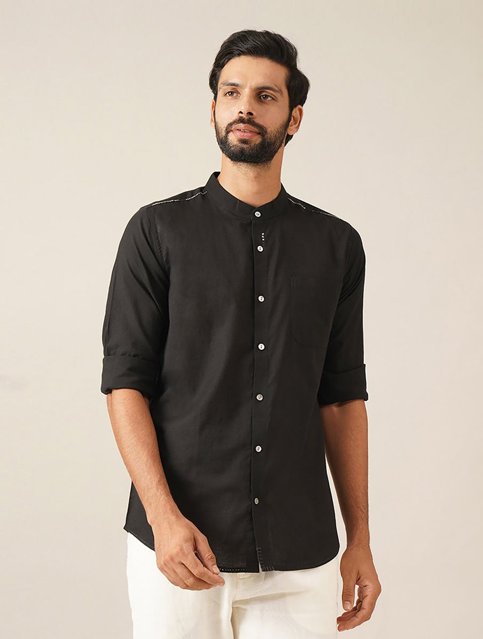 Men Black Cotton Solid Mandarin Collar Regular Fit Shirt - 38