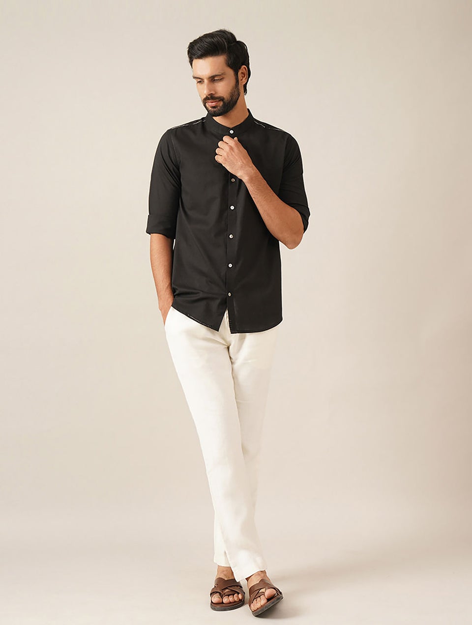 Men Black Cotton Solid Mandarin Collar Regular Fit Shirt - 38