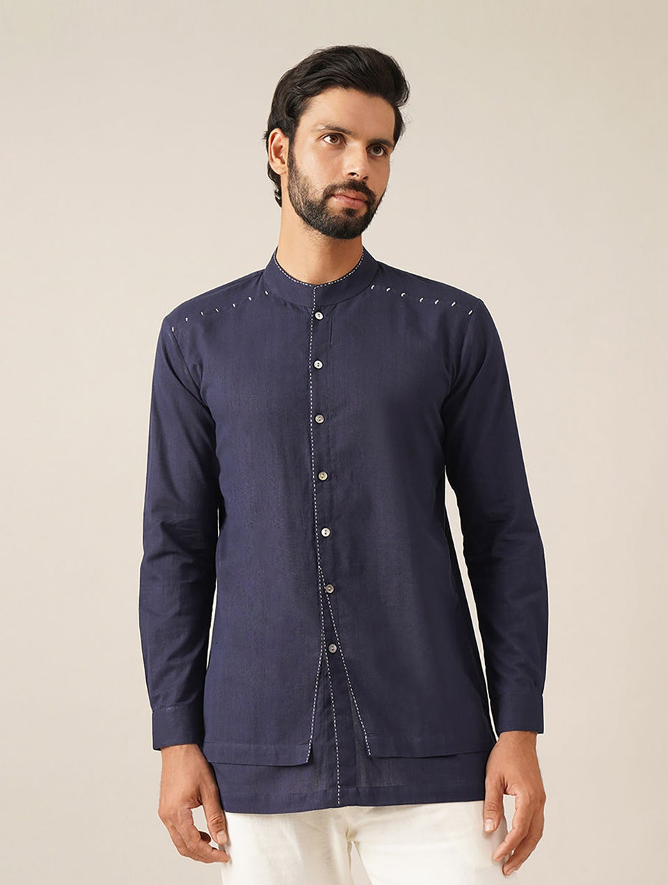 Men Indigo Handspun And Handwoven Cotton Full Sleeves Long Shirt Kurta - 38