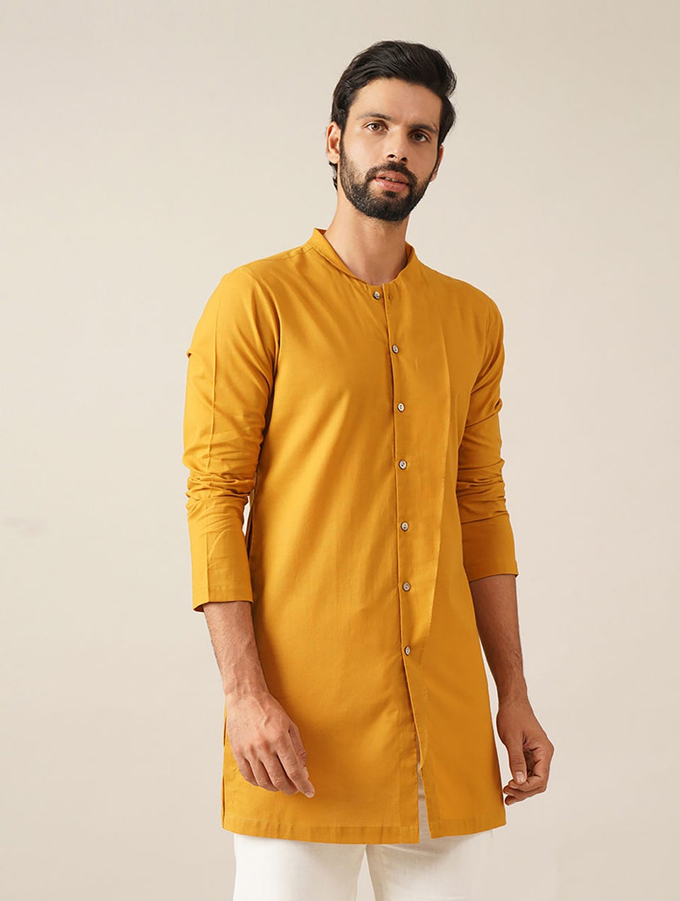 Men Mustard Handspun And Handwoven Cotton Full Sleeves Long Shirt Kurta - 38