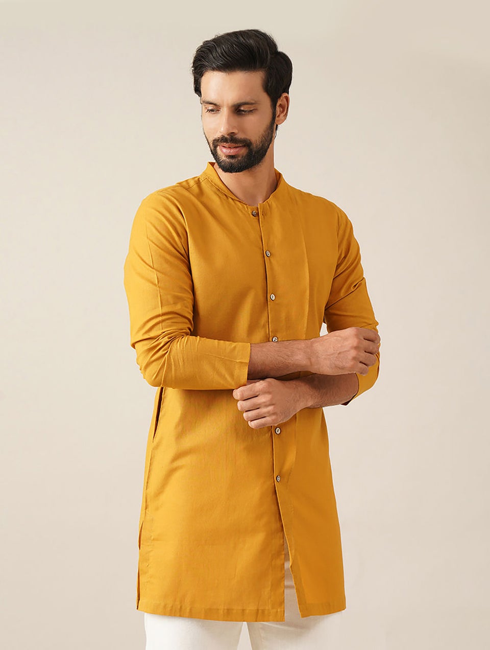 Men Mustard Yellow Cotton Mandarin Collar Regular Fit Kurta - 42