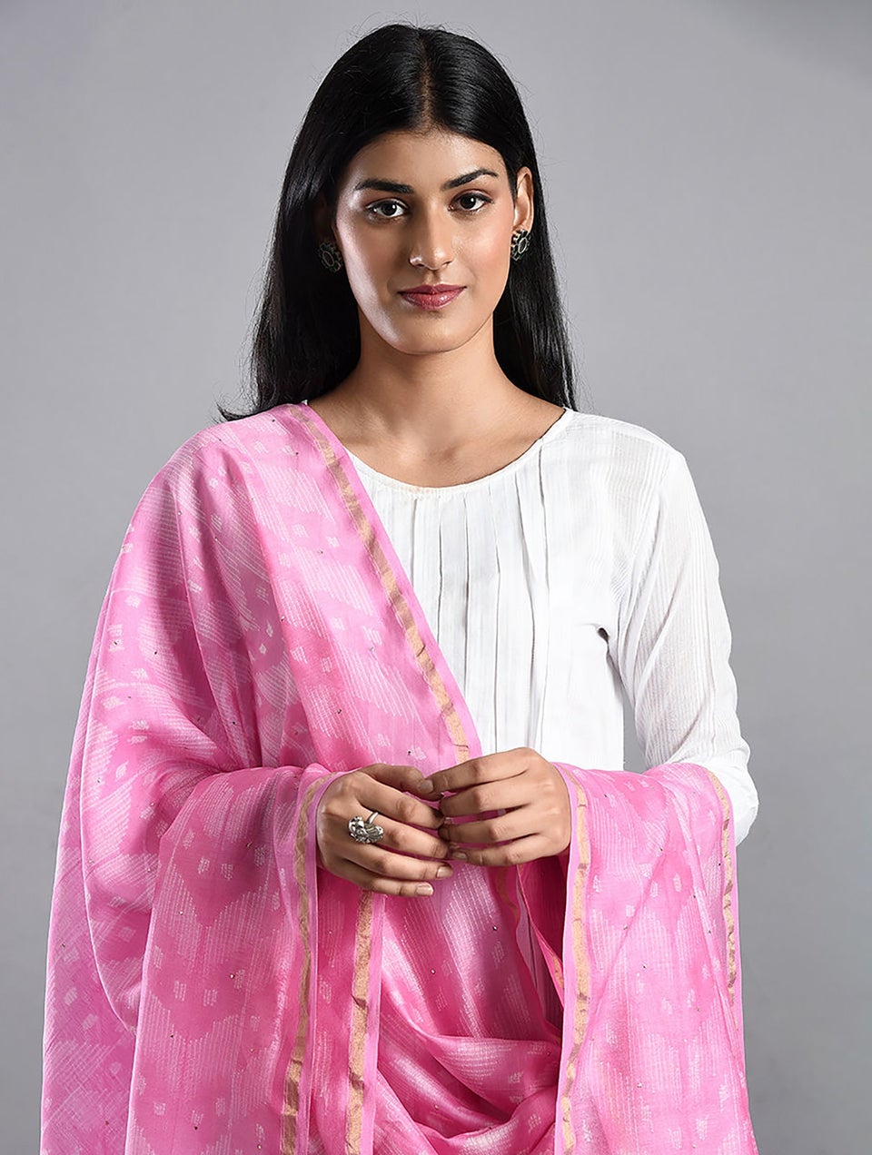 Women Pink Shibori Chanderi Dupatta With Mukaish