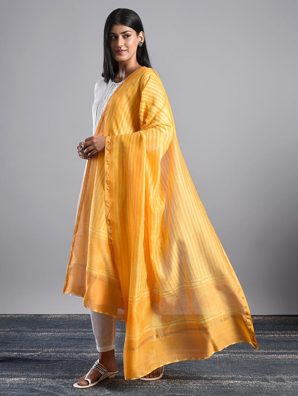 Women Mustard Shibori Chanderi Dupatta With Mukaish