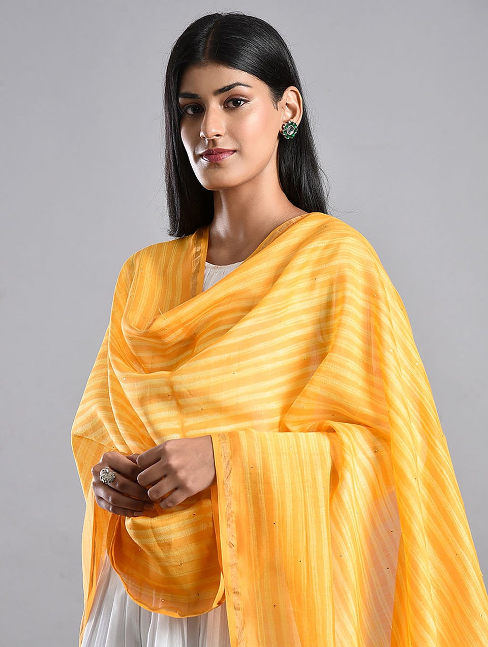 Women Mustard Shibori Chanderi Dupatta With Mukaish