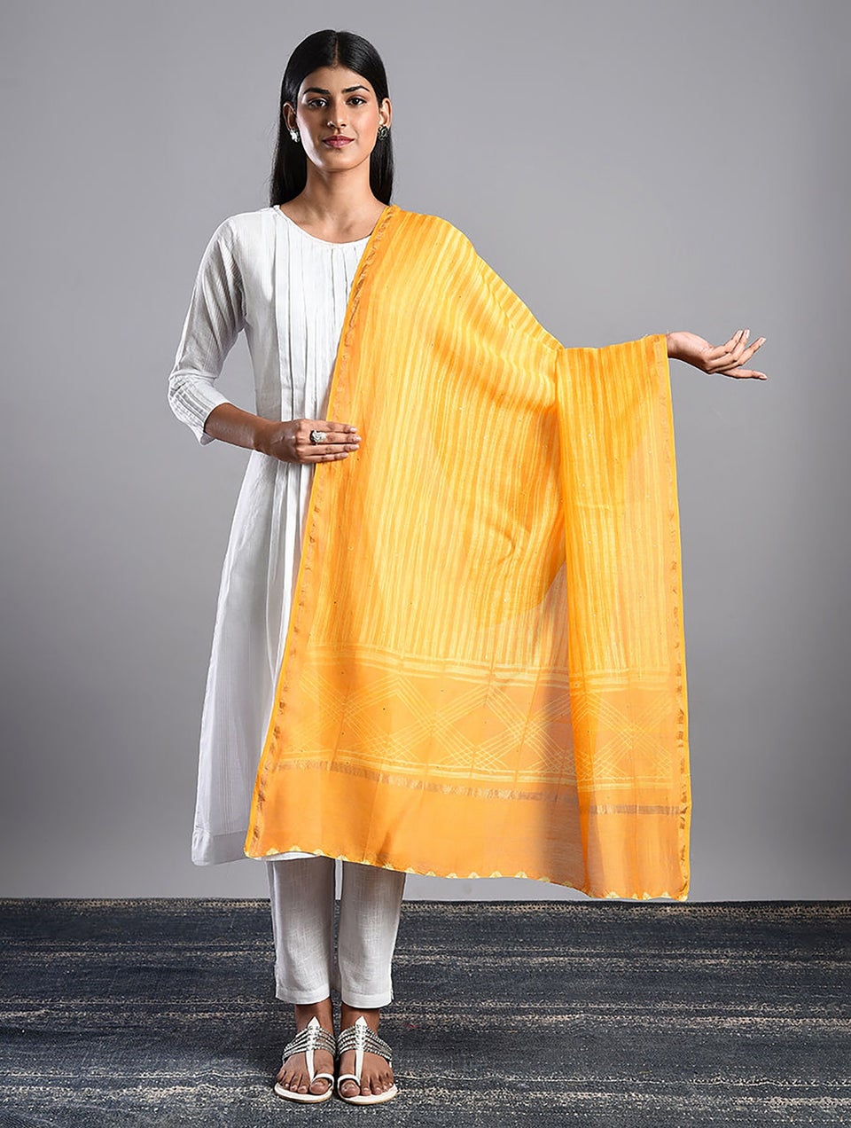 Women Mustard Shibori Chanderi Dupatta With Mukaish