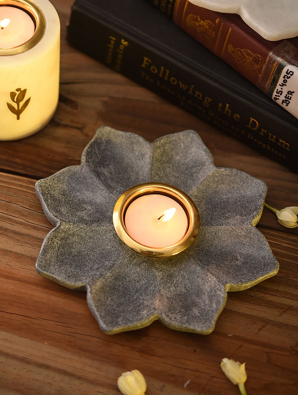 Grey Handcrafted Marble And Brass Tealight Holder