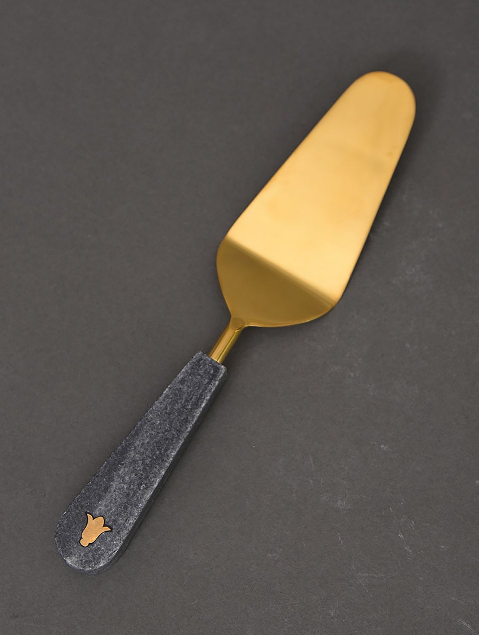 Grey Marble Cake Server With Handcrafted Brass Inlay