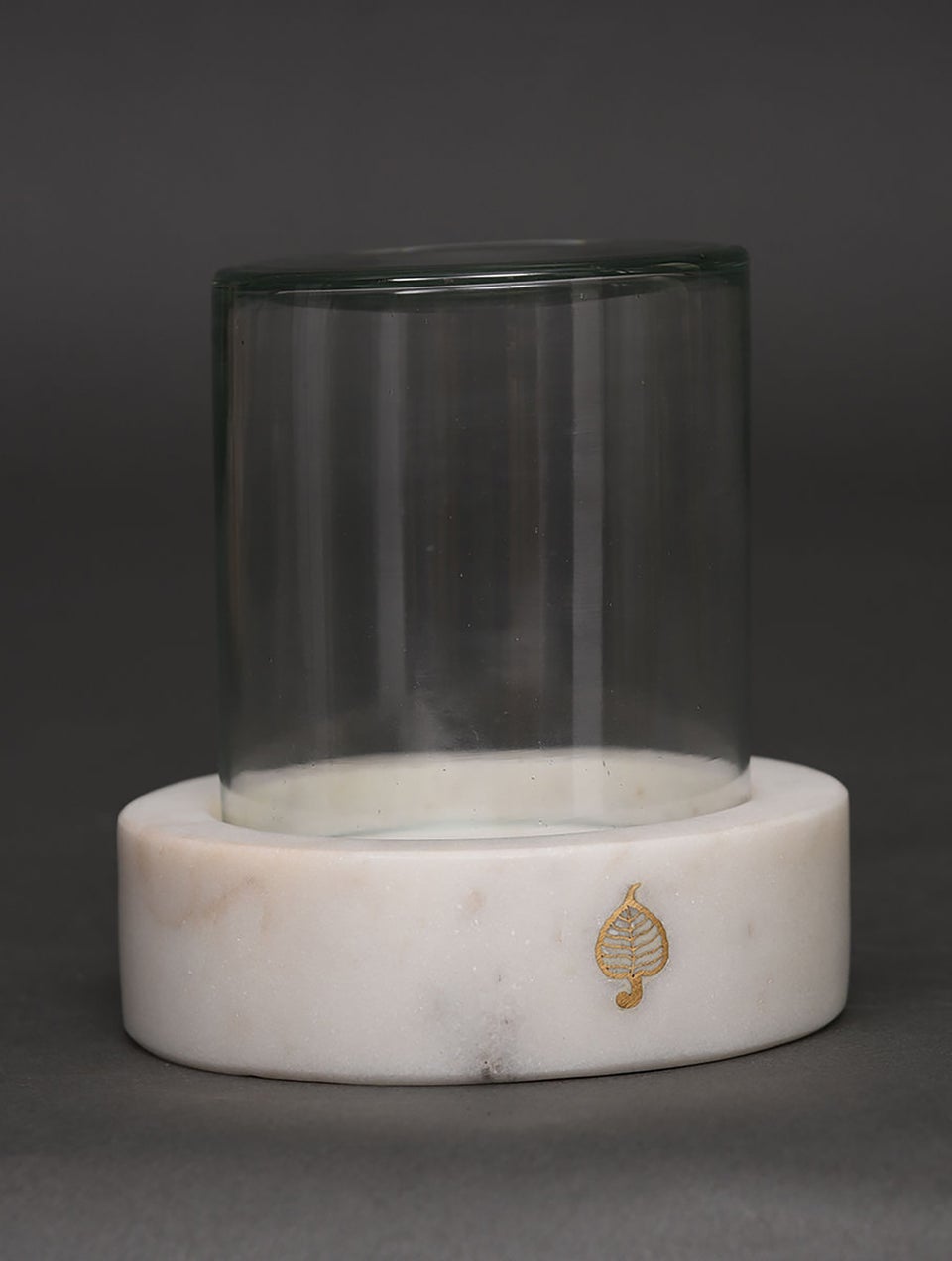 White Marble And Glass Candle Holder With Handcrafted Brass Inlay