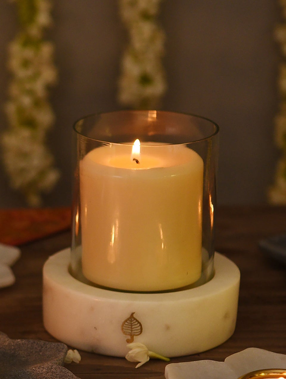 White Marble And Glass Candle Holder With Handcrafted Brass Inlay