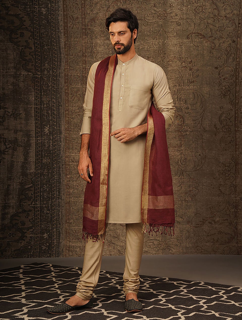 Men Beige Brown Silk Blend Regular Fit Kurta - 38