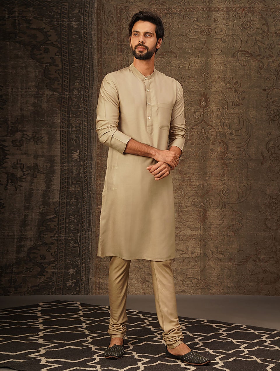 Men Beige Brown Silk Blend Regular Fit Kurta - 38