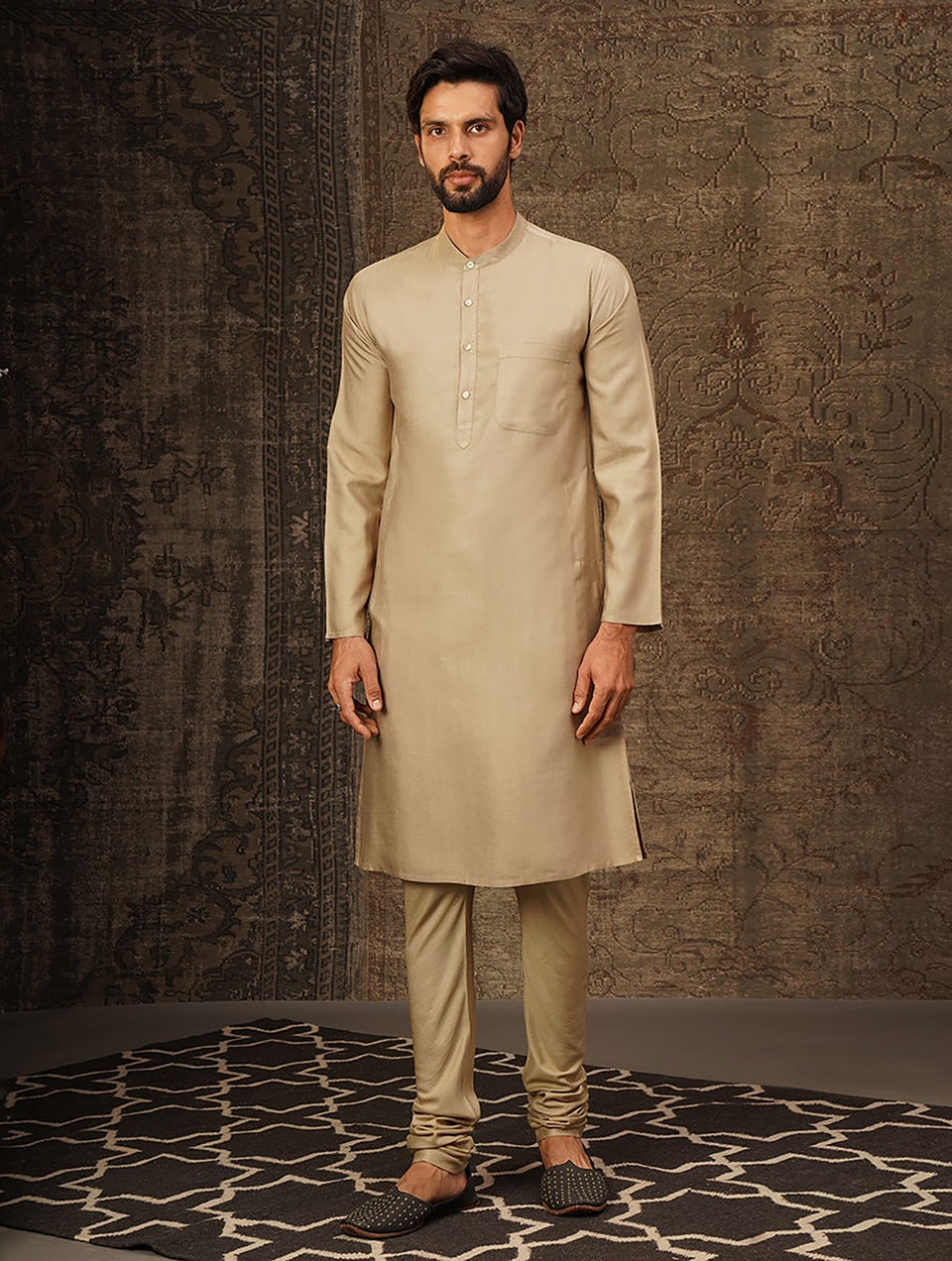 Men Beige Brown Silk Blend Regular Fit Kurta - 38