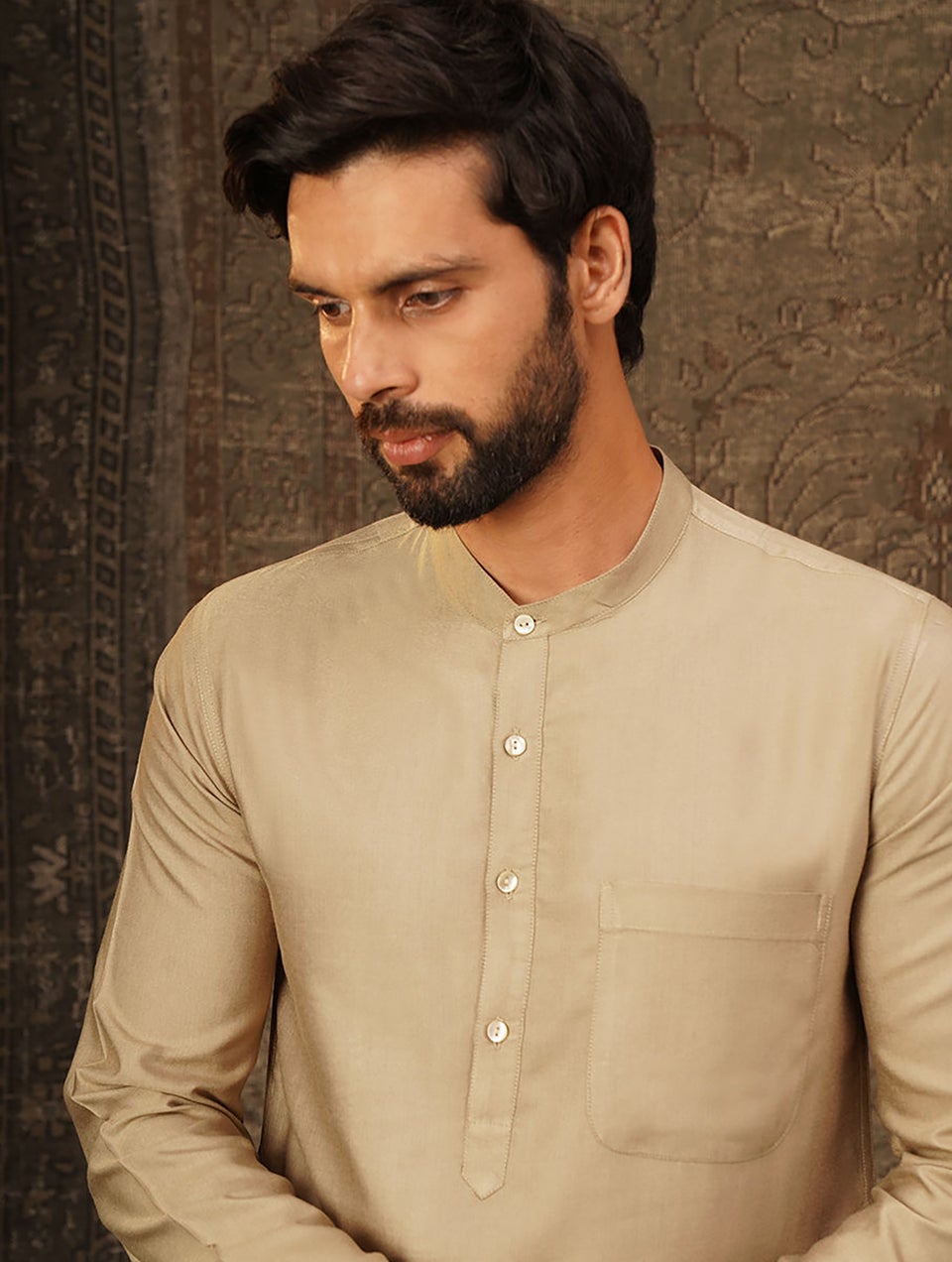 Men Beige Brown Silk Blend Regular Fit Kurta - 38