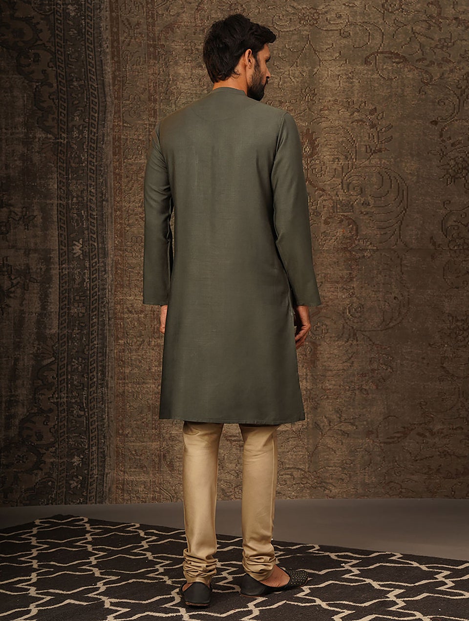 Men Olive Tussar Cotton Long Kurta - 38