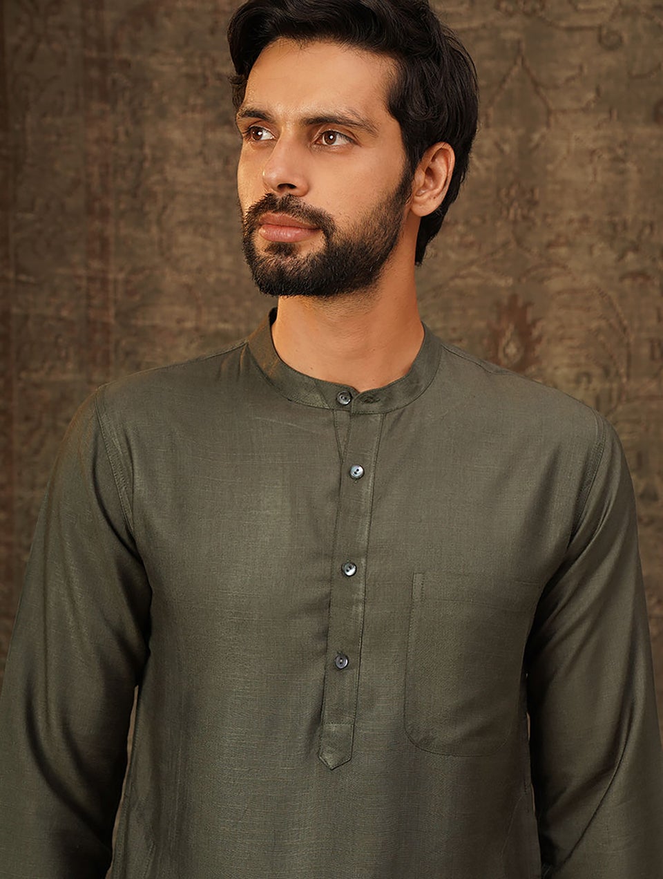 Men Olive Tussar Cotton Long Kurta - 38