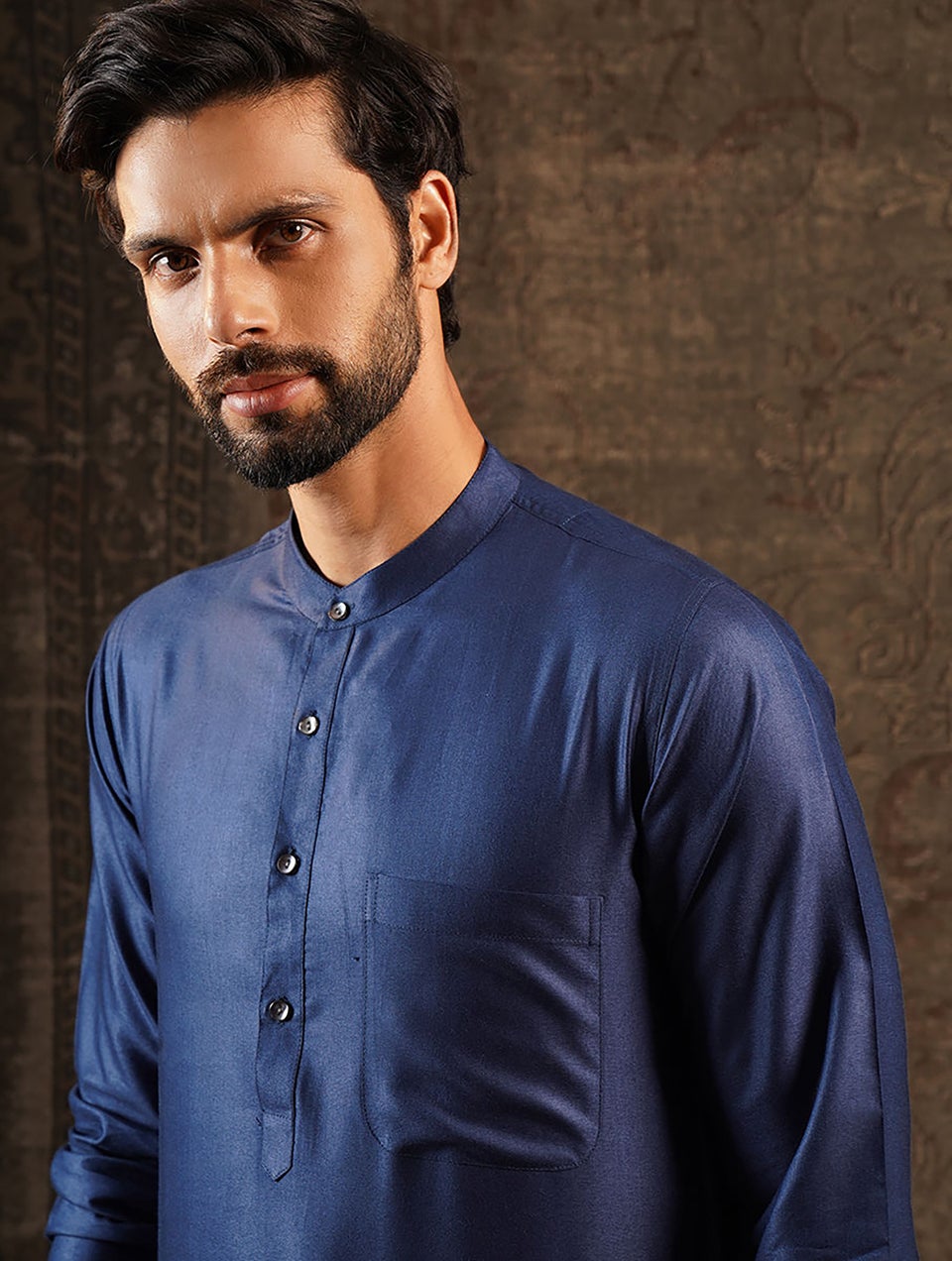 Men Indigo Blue Silk Blend Regular Fit Kurta - 38