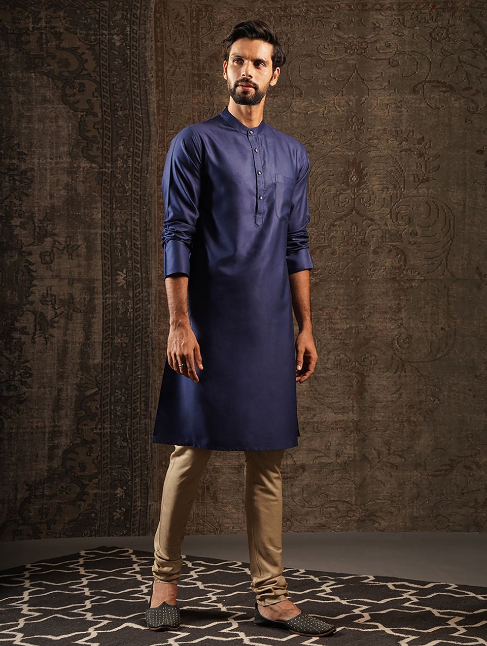 Men Indigo Blue Silk Blend Regular Fit Kurta - 38