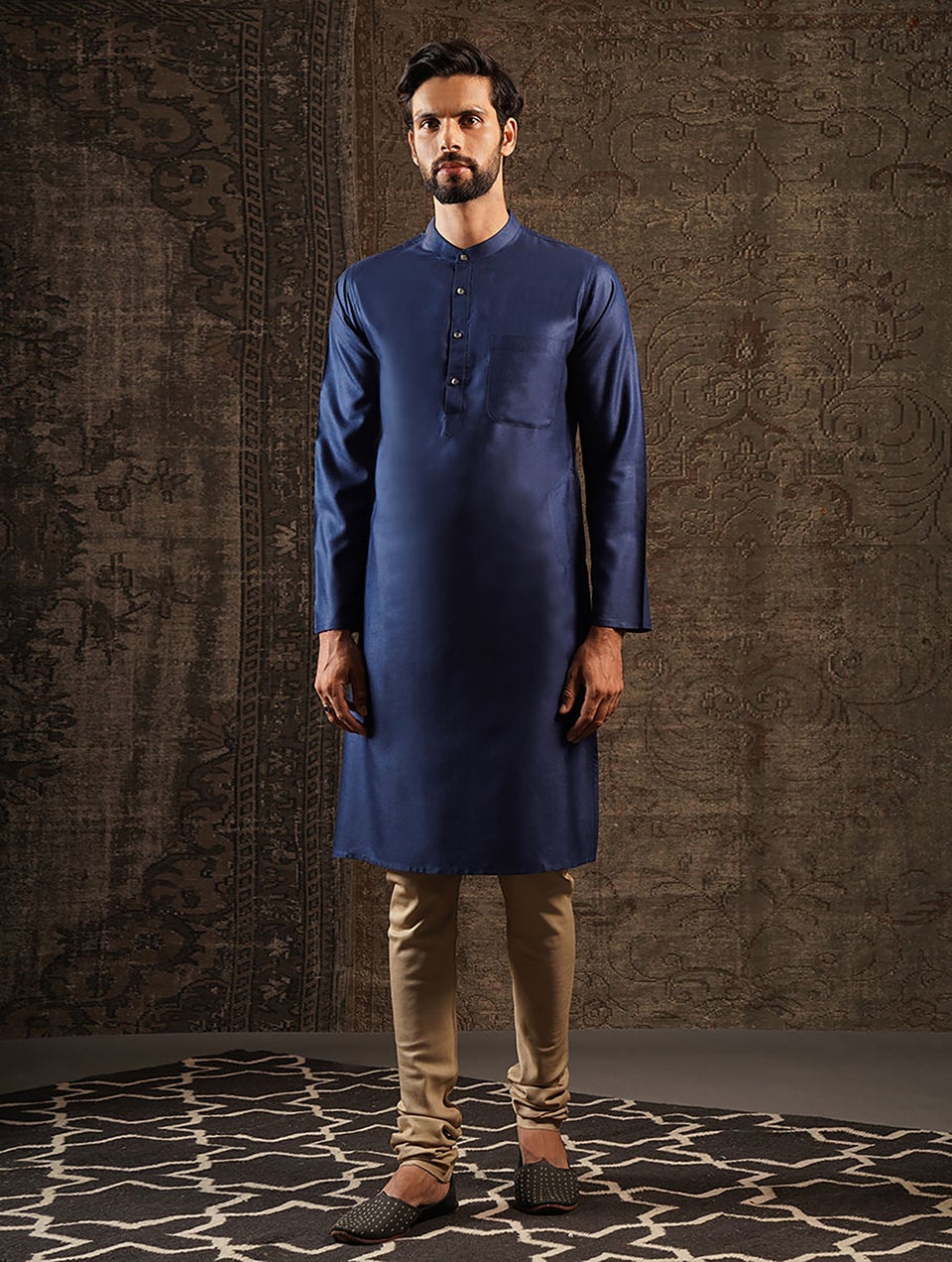 Men Indigo Blue Silk Blend Regular Fit Kurta - 38