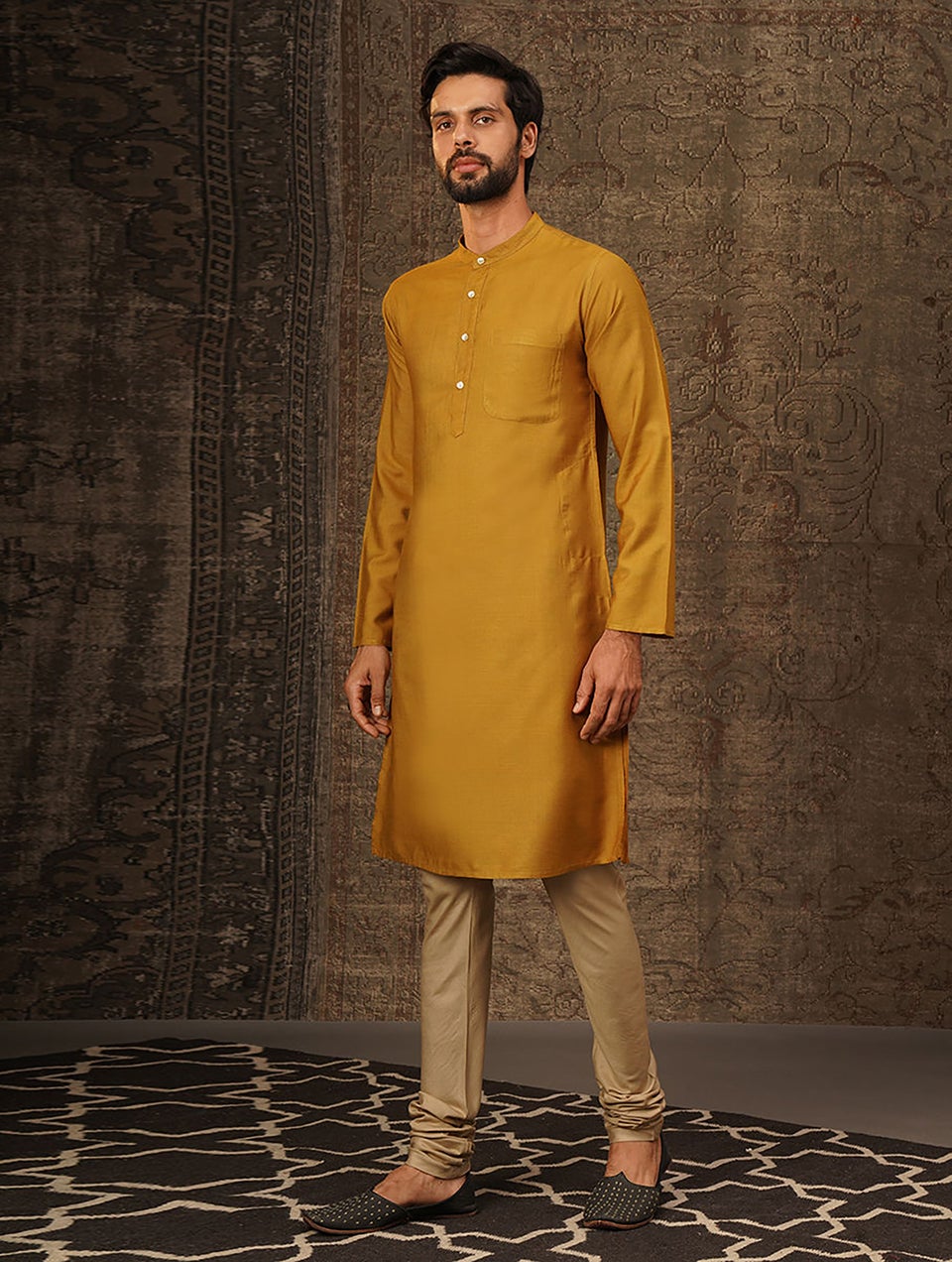 Men Mustard Yellow Silk Blend Regular Fit Kurta - 38