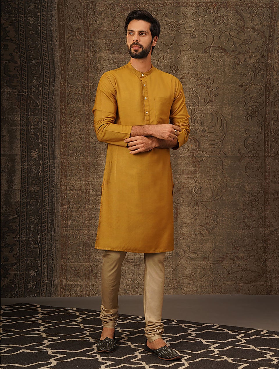 Men Mustard Yellow Silk Blend Regular Fit Kurta - 38