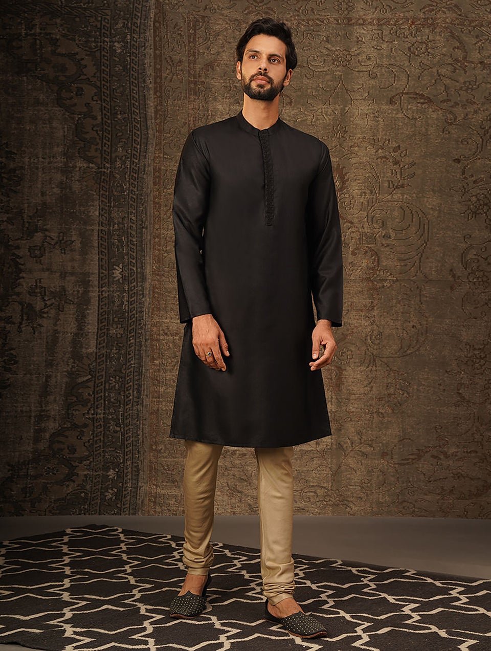 Men Black Silk Blend Mandarin Collar Regular Fit Kurta - 38