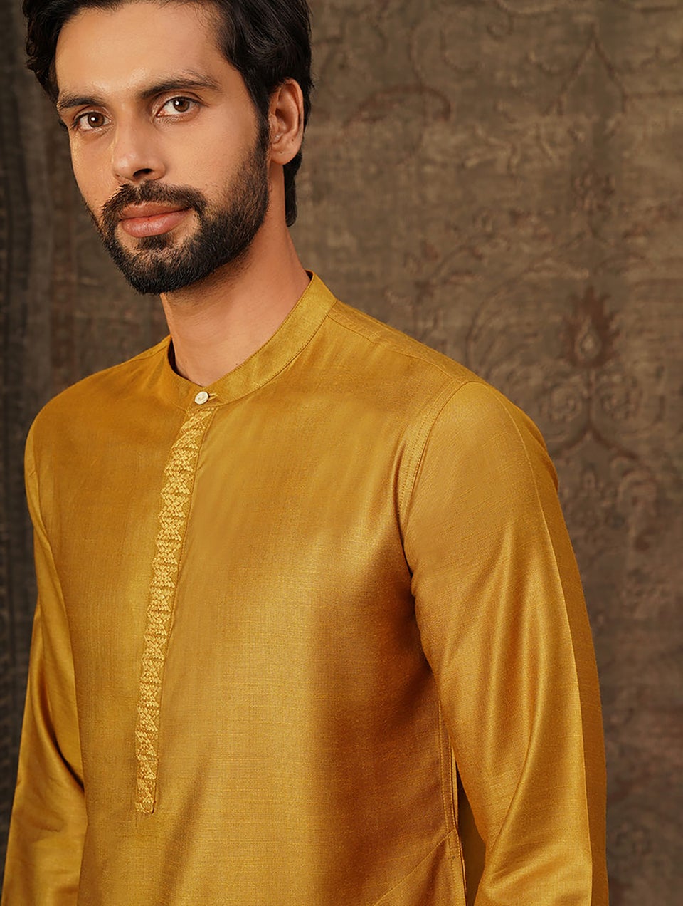 Men Mustard Embroidered Tussar Cotton Long Kurta - 38