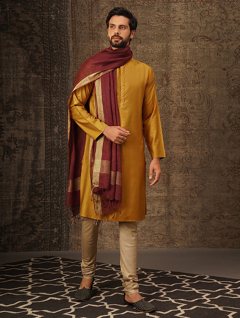 Men Mustard Embroidered Tussar Cotton Long Kurta - 38