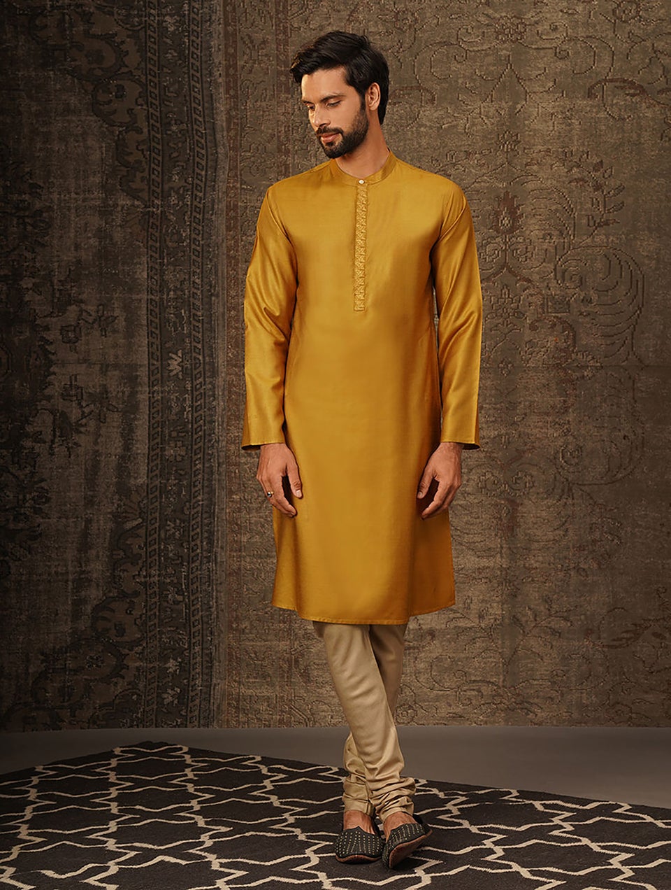 Men Mustard Yellow Silk Blend Regular Fit Kurta - 38