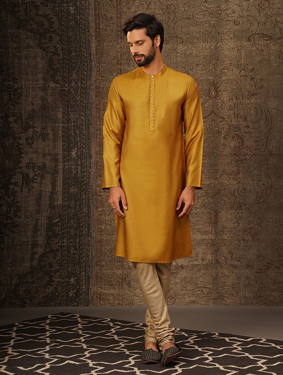 Men Mustard Embroidered Tussar Cotton Long Kurta - 38