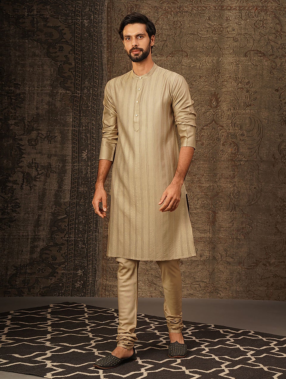 Men Beige Brown Silk Blend Regular Fit Kurta - 44