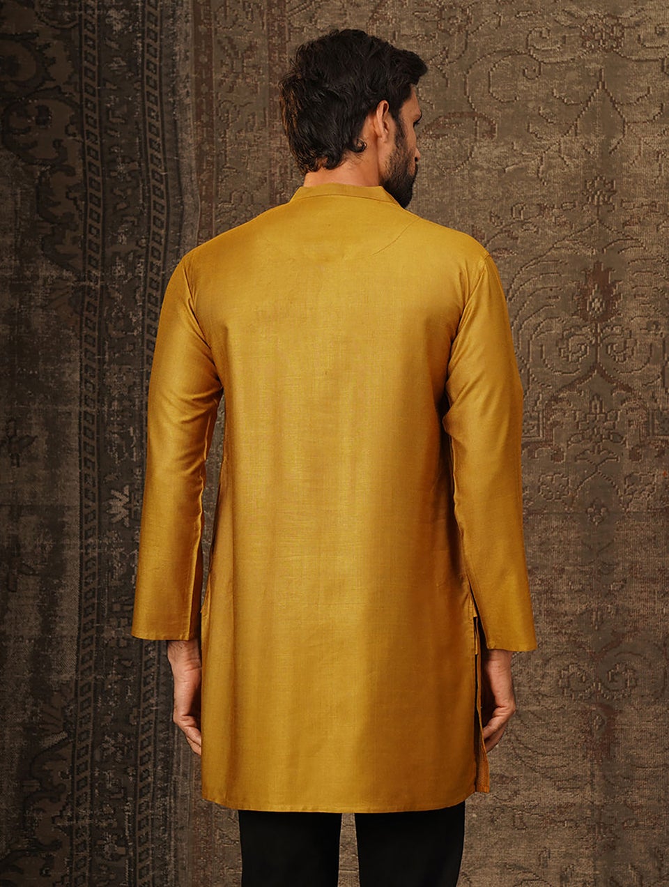 Men Mustard Silk Viscose Pintuck Short Kurta - 38