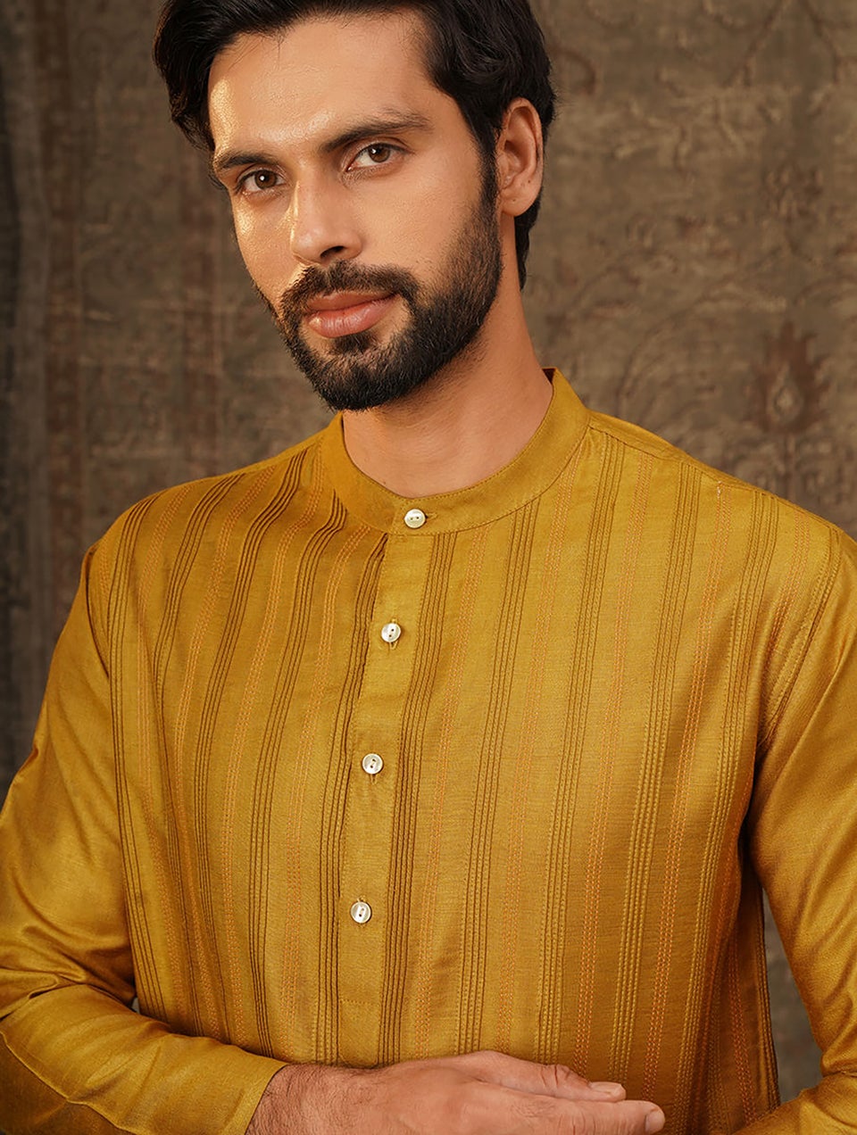 Men Mustard Silk Viscose Pintuck Short Kurta - 38