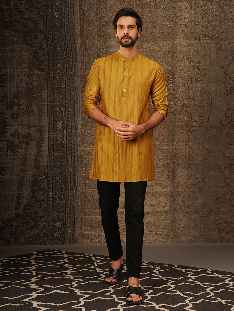 Men Mustard Silk Viscose Pintuck Short Kurta - 38