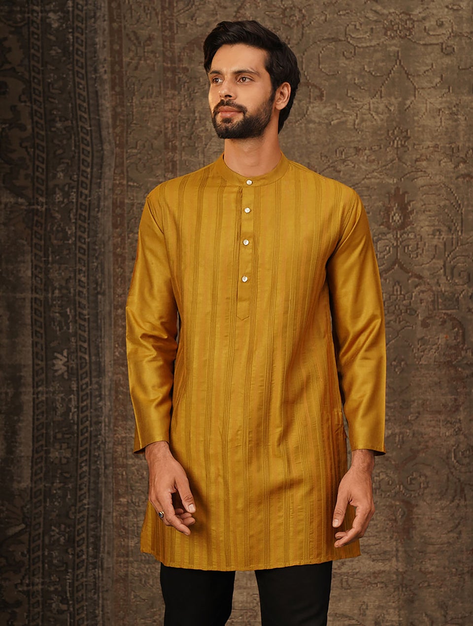 Men Mustard Silk Viscose Pintuck Short Kurta - 38