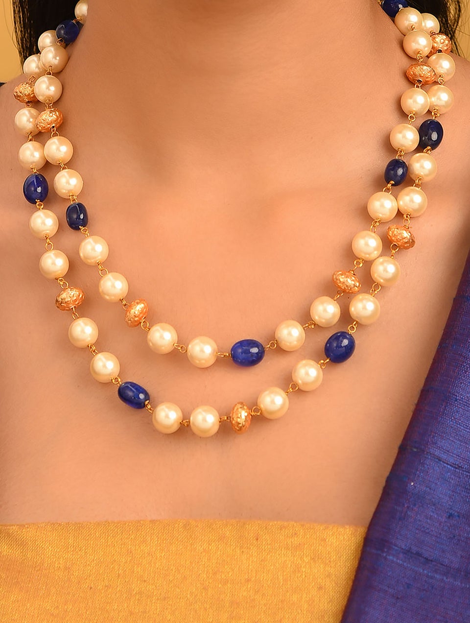 Women Blue White Gold Tone Layered Necklace