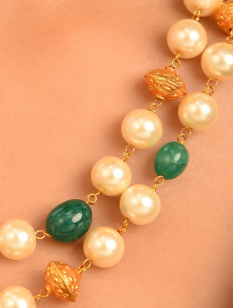 Women Green White Gold Tone Layered Necklace