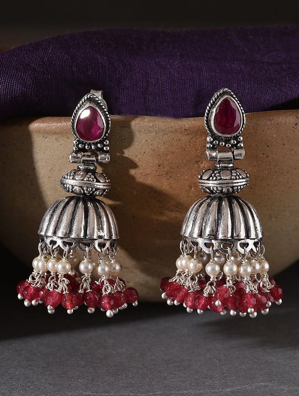 Women Maroon Tribal Silver Jhumki Earrings