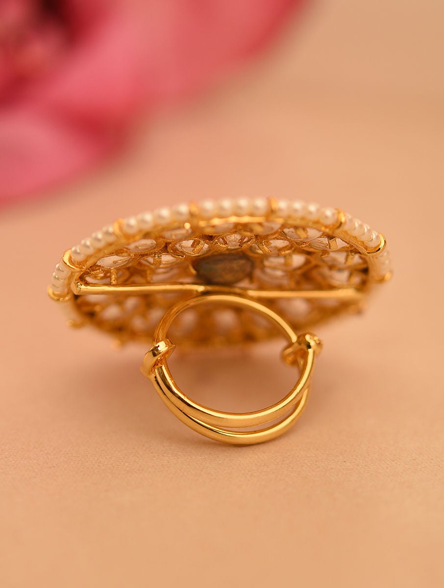 Women Red Gold Tone Foiled Kundan Adjustable Ring