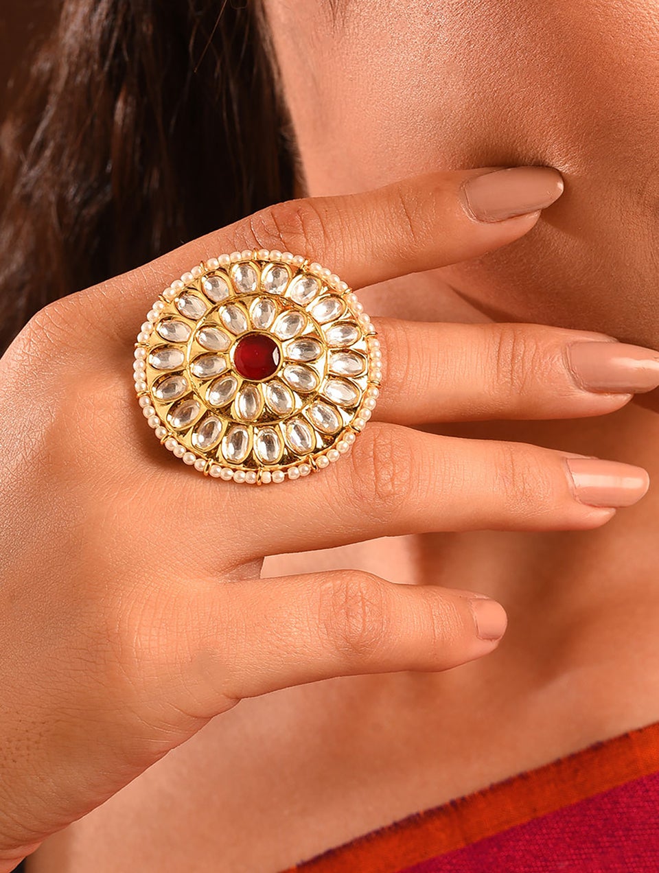 Women Red Gold Tone Foiled Kundan Adjustable Ring