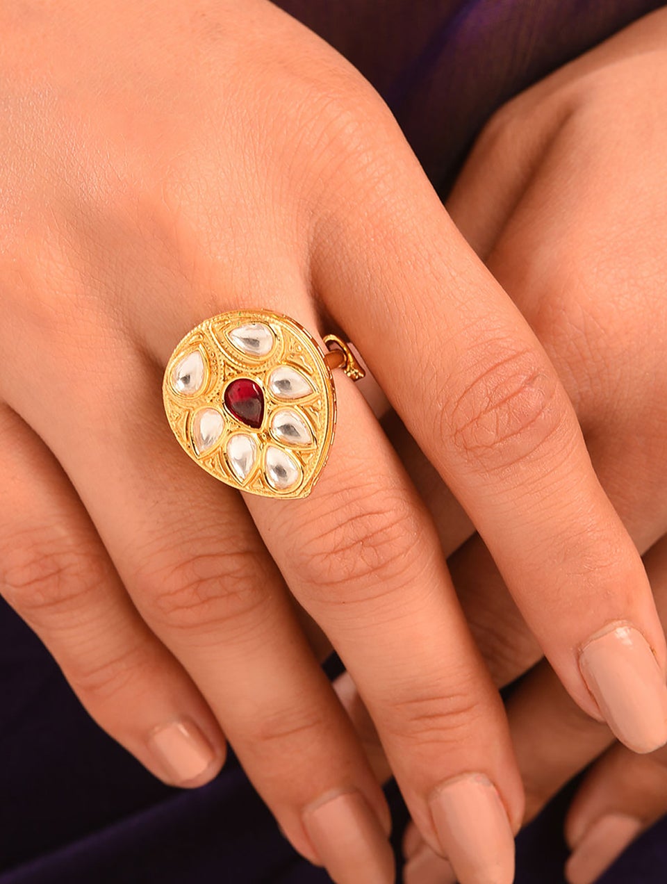 Red Gold Tone Foiled Kundan Adjustable Ring