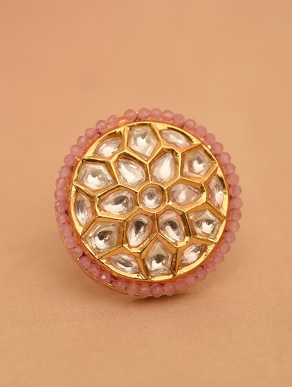 Women Pink Gold Tone Foiled Kundan Adjustable Ring