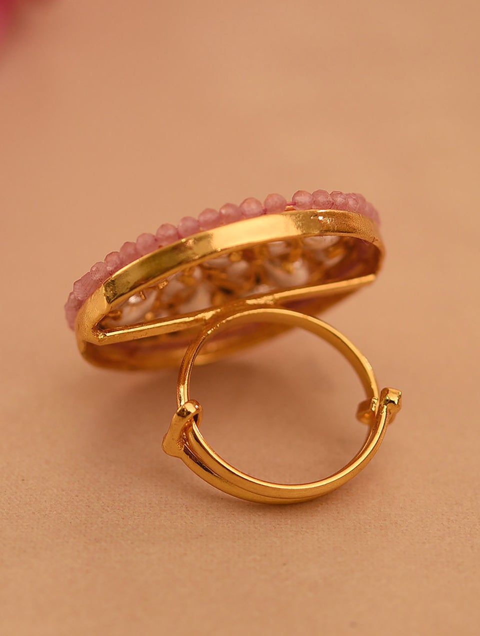 Women Pink Gold Tone Foiled Kundan Adjustable Ring