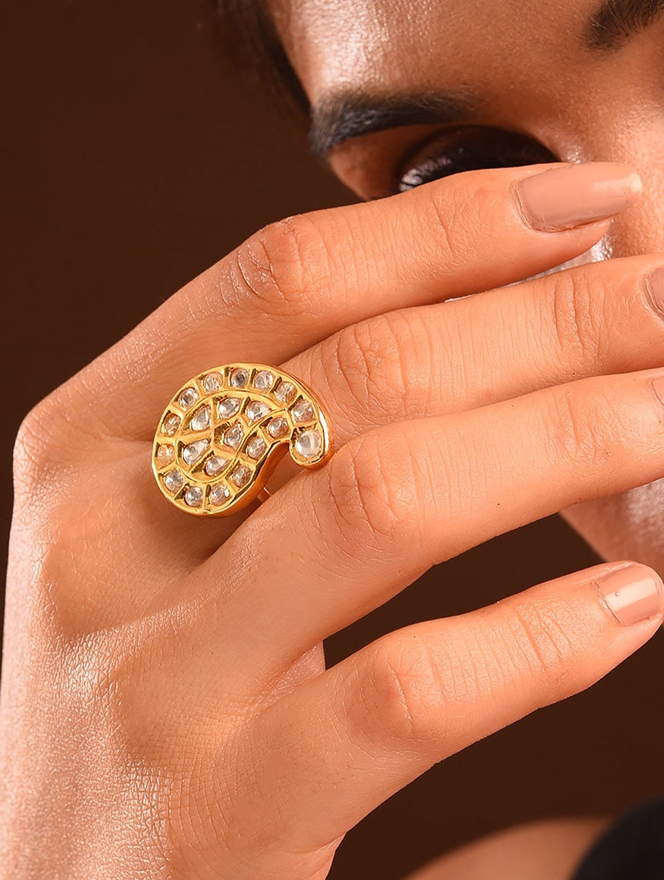 Women Gold Tone Foiled Kundan Adjustable Ring