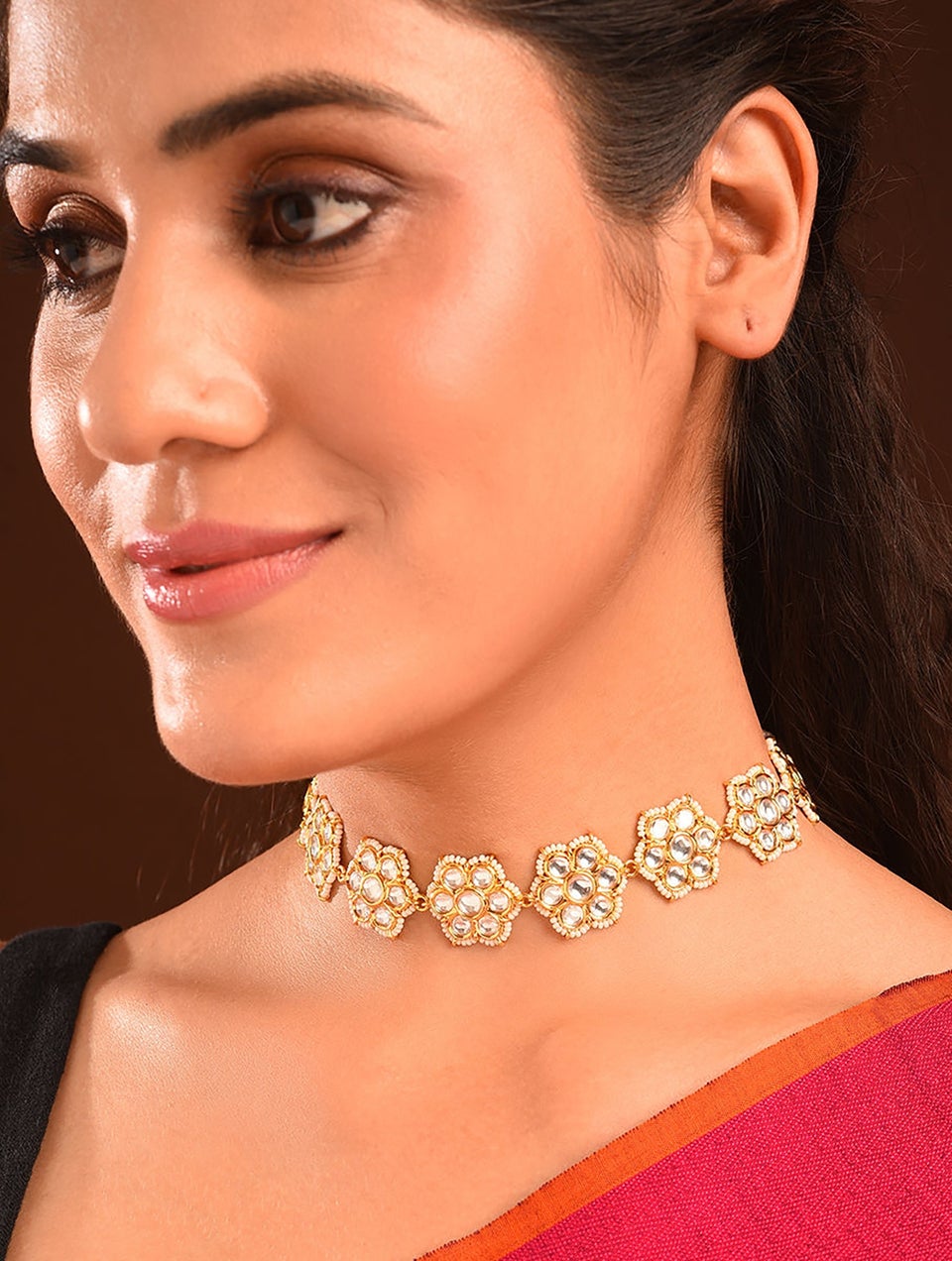 Women Gold Tone Foiled Kundan Choker Necklace