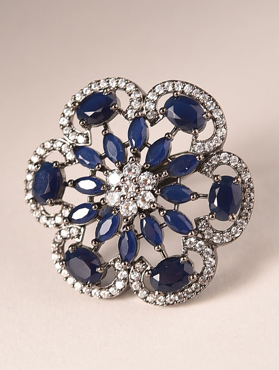 Blue Silver Tone Victorian Ring