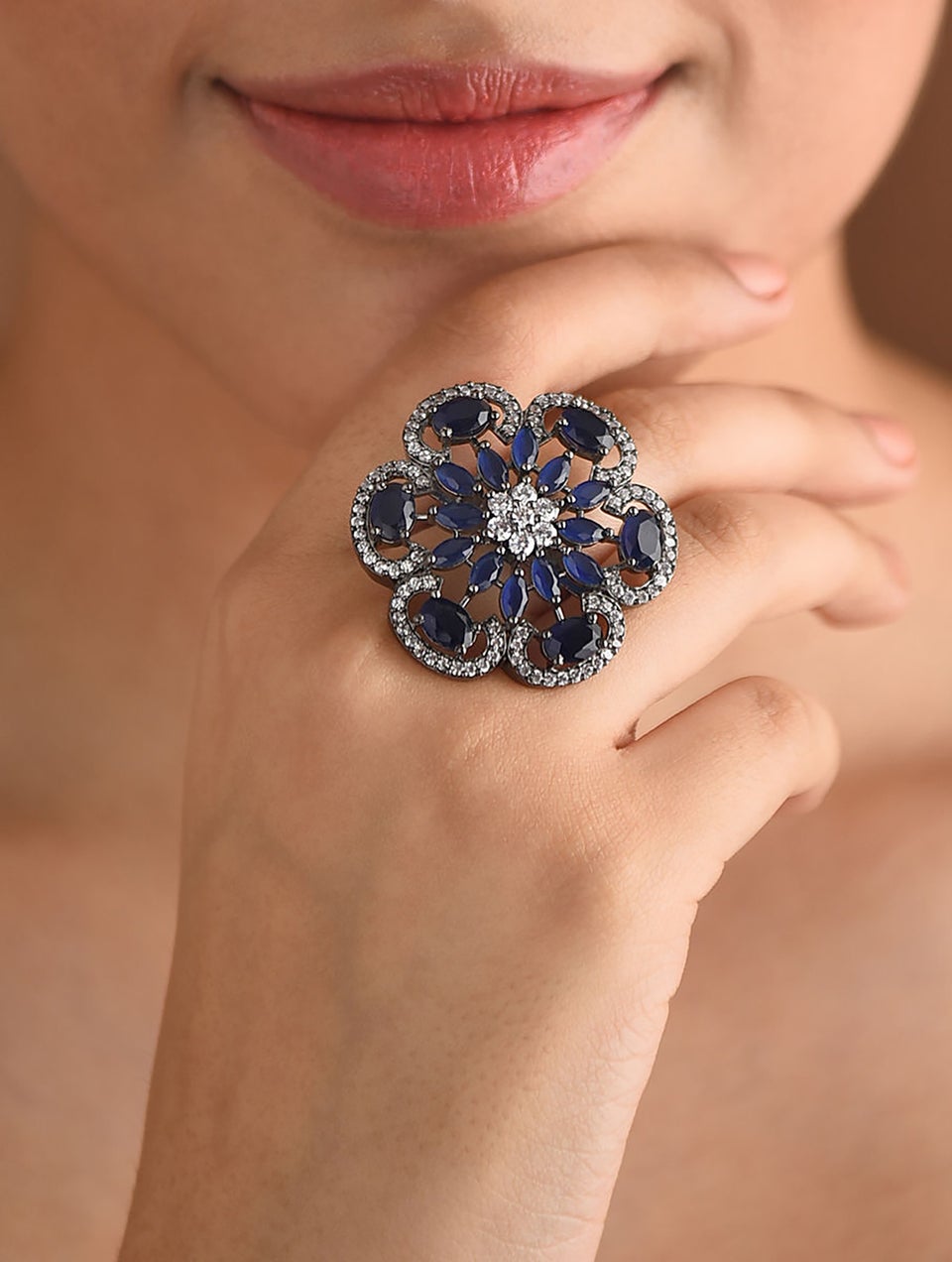 Blue Silver Tone Victorian Ring