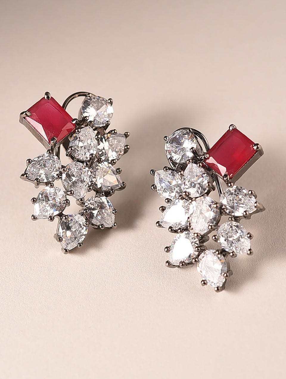 Red Silver Tone Victorian Earrings